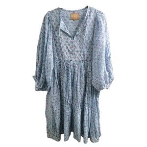 Clara the Label Boho Cotton Mini Dress Small Blue Block Print Balloon Sleeve